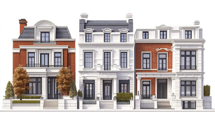 Obraz premium Elegant row of classic townhouses with red brick and white facades
