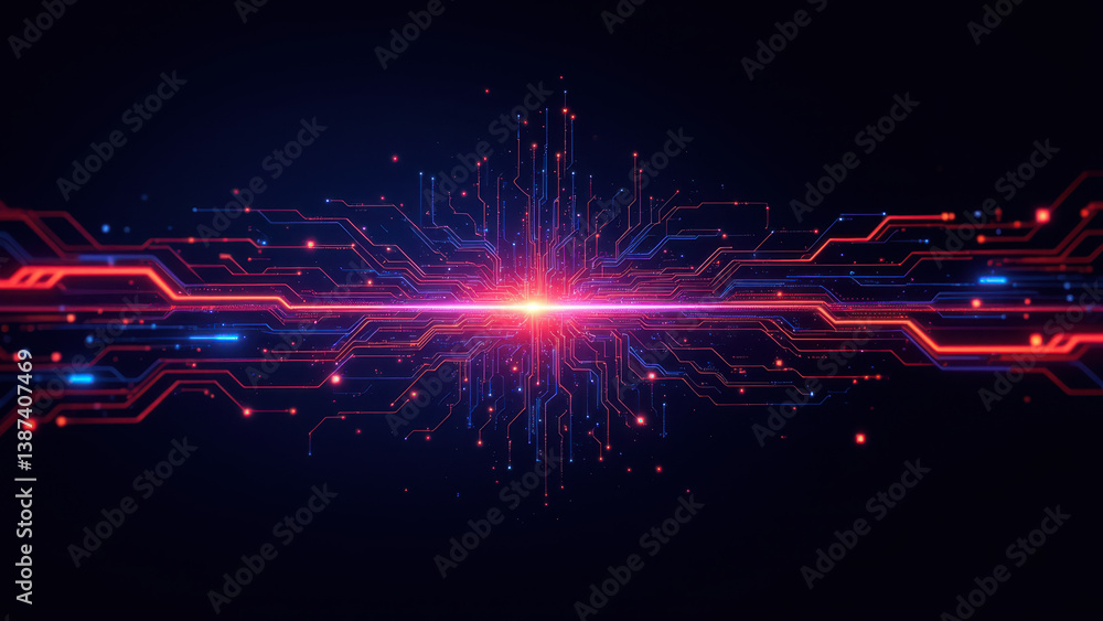 Poster dynamic cybernetic network with vibrant energy lines and particles, reflecting complex digital secur