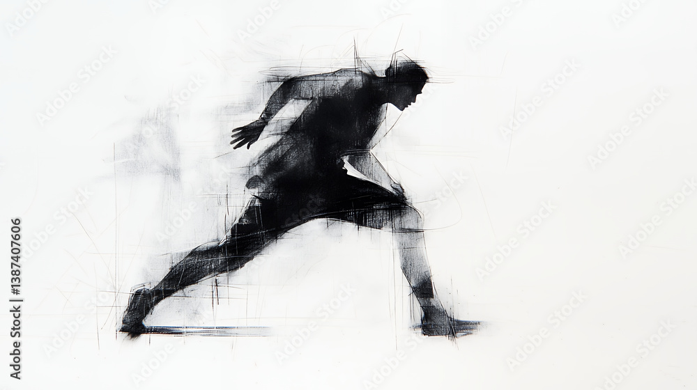 Poster dynamic silhouette of runner in motion, showcasing speed and athleticism with abstract lines and mon