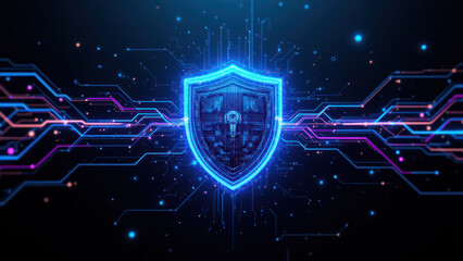 Obraz premium Cybersecurity shield with digital circuitry.