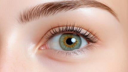 Obraz premium Close-up of a human eye with green iris and long eyelashes, detailed view of the pupil and iris, natural light highlighting the texture, and macro photography.