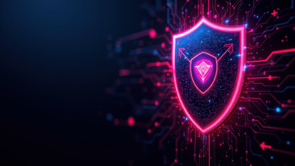 Fototapeta premium Cybersecurity icon with a diamond-shaped shield in neon colors against a futuristic digital background.