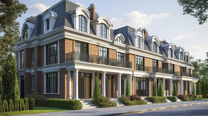 Obraz premium Elegant row of brick townhouses with arched windows and lush greenery