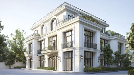Obraz premium Elegant white building with large windows and balconies surrounded by greenery
