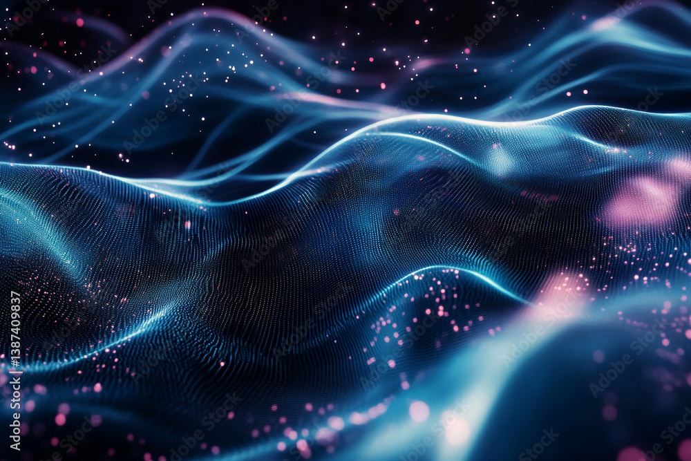 Poster abstract digital landscape: a vibrant visualization of undulating lines and luminous particles, evok