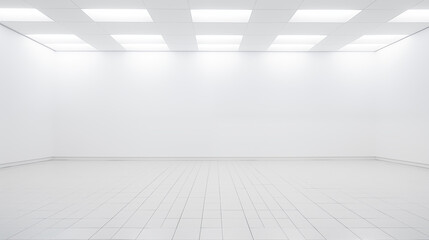 Pi&egrave;ce compl&egrave;tement blanche en int&eacute;rieur, vide, avec lumi&egrave;re &eacute;blouissante, mur et sol. Ambiance claire, lumineuse. Arri&egrave;re-plan pour conception et cr&eacute;ation graphique.