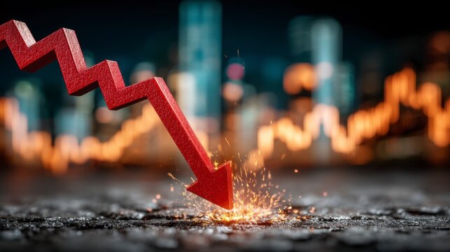 Red arrow pointing downwards, sparks flying, city lights blurred background. Economic downturn concept.