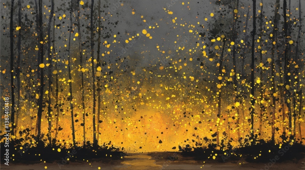 Poster fireflies illuminate a dark forest at night, creating a magical and mysterious atmosphere. glowing e