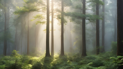 Sunbeams breaking through mist in peaceful green forest