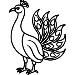 Peacock bird simple black line art image, Black bold outline vector icon, Bird vector illustration