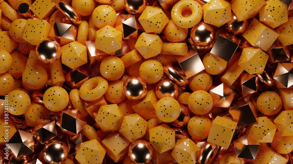Aufkleber golden and orange glitter geometric shapes rolling inside container, forming lively sparkling flow. 