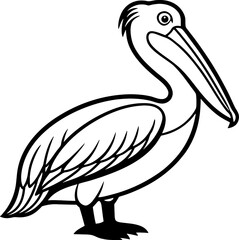 Pelican bird simple black line art image, Black bold outline vector icon, Bird vector illustration