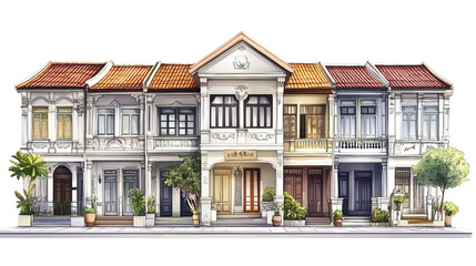 Fototapeta premium Terraced houses with ornate facades and vibrant colors create charming street view