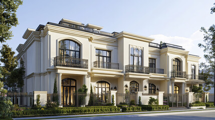 Fototapeta premium Elegant white townhouse with large windows and balconies, surrounded by greenery