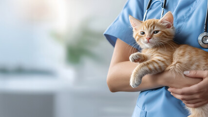 Veterinarian holding ginger kitten in clinic