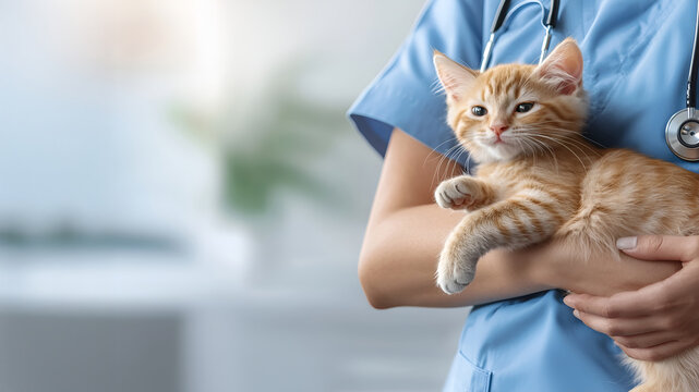 Veterinarian holding ginger kitten in clinic