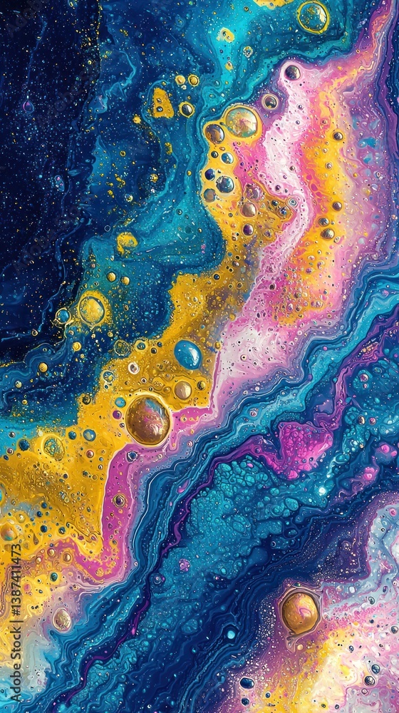 Poster abstract fluid art explosion of vibrant colours. a mesmerizing blend of blues, pinks, golds, and pur