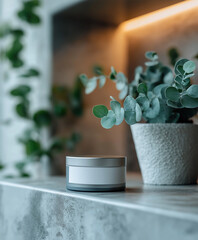 cosmetic jar cream container with green leaves, skin care natural produck presentation.