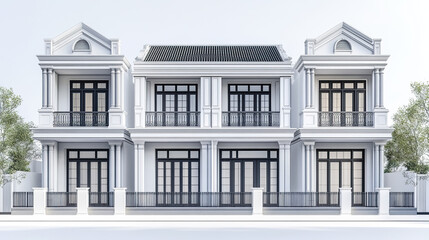 Fototapeta premium Elegant white townhouse with classic architecture and black accents