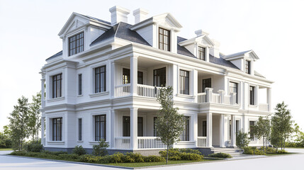 Fototapeta premium Elegant white townhouse with classic architecture and lush greenery