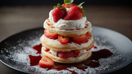 A stack of fluffy waffles with strawberries, whipped cream, and syrup. Featuring sweetness and indulgence