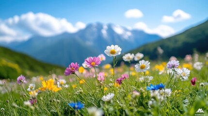 Obraz premium Colorful wildflowers bloom in a mountain meadow under a vibrant blue sky