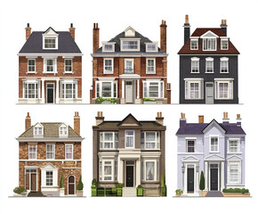 Fototapeta premium Six charming townhouse illustrations with varied architectural styles
