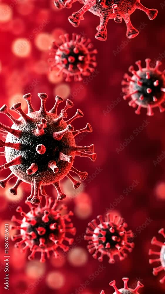Poster detailed representation of virus particles against a vibrant red background in a scientific context