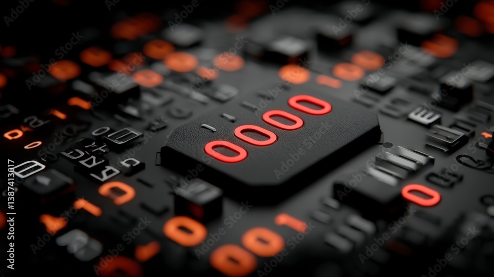 Poster close up of a circuit board with a central component displaying the number 0000 in glowing red digit