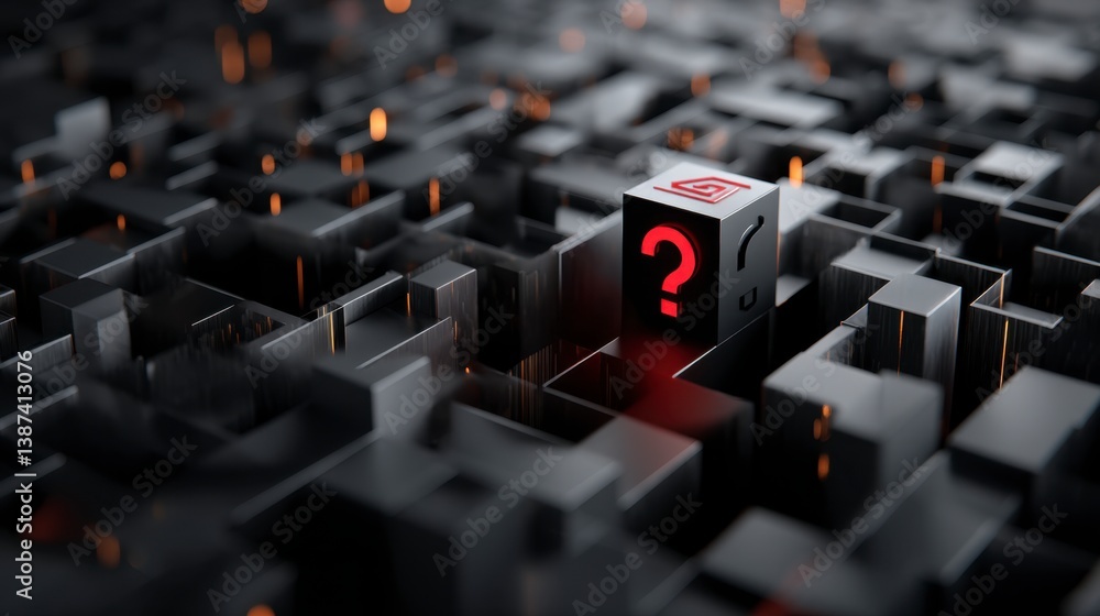 Poster red question mark on a black cube in a maze of similar cubes. dark, mysterious atmosphere.