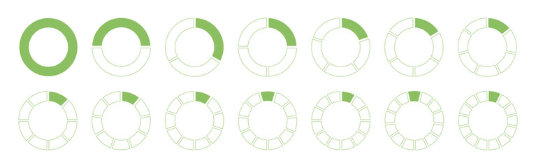 Circles divided diagram 1, 2, 3, 10, 7, 8, 9, 10, 11, 12, 14 equal parts. Coaching blank. Round template. Graph pie, pizza shaped sectional charts. Segmented green wheels icons. Divide infographic.