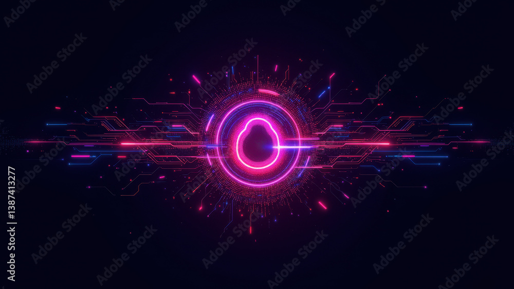 Poster cybersecurity digital art featuring a vibrant neon grid with central abstract circular design, conve