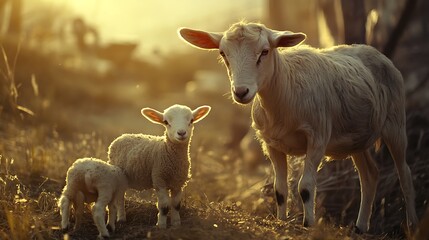 Obraz premium Sheep with lambs grazing in field at sunset