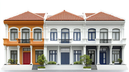 Fototapeta premium Three colorful terrace houses with ornate details and plants in front
