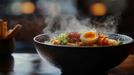 A steaming bowl of ramen with vegetables and soft-boiled egg. Featuring warmth and richness