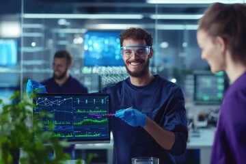 Sports scientists smiling while analyzing sports analytics for team wellbeing and performance.