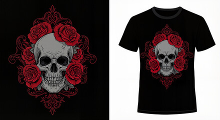 Skull with Red Roses Graphic T-Shirt Design on Black Background  