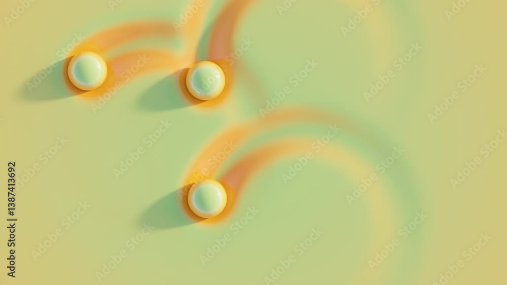 Poster three green pastel balls rolling around three circular paths on soft surface, drawing fading orange 