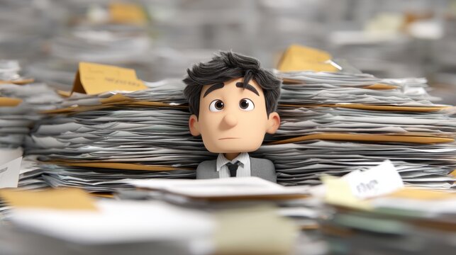 Work overloaded and stress concept, Overwhelmed character amid a sea of documents.