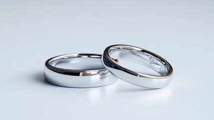 Two simple, polished wedding bands rest on a pale blue surface. One ring is slightly in front of the other. The image is clean and sharp, with even lighting. The style is minimalist and elegant. Co