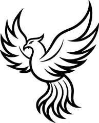 Obraz premium Phoenix bird simple black line art image, Black bold outline vector icon, Bird vector illustration