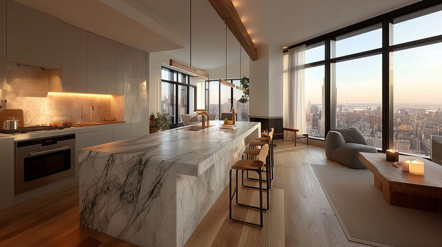 Cuisine de luxe ultra-moderne avec vue sur Central Park dans un appartement &agrave; Manhattan