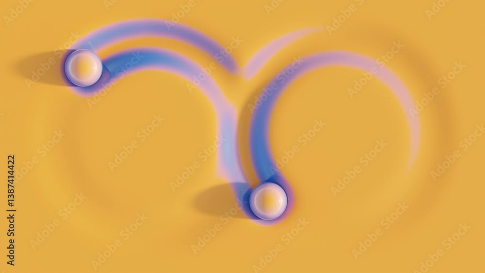 Poster orange pastel balls rolling around two connected circles on soft surface, creating ephemeral blue tr