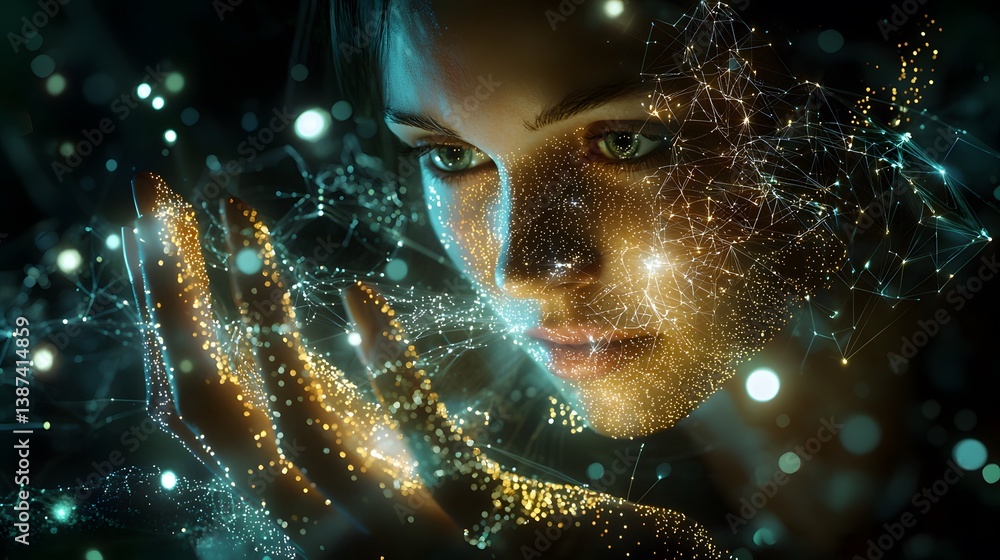 Poster a cybernetic oracle manipulating streams of digital code, her hands weaving the past, present, and f