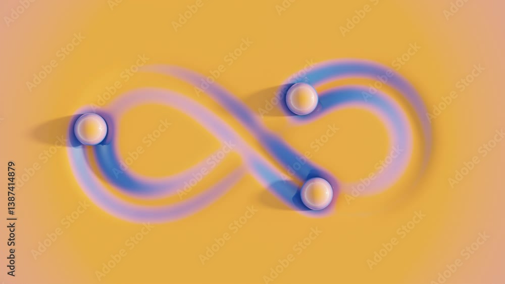 Poster orange pastel balls rolling along infinity-shaped path on soft surface, leaving fading blue trail be