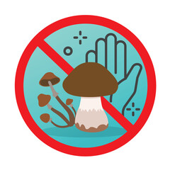 Mushroom allergy sign illustrate with cute cartoon, hand and warning sign in red line.
