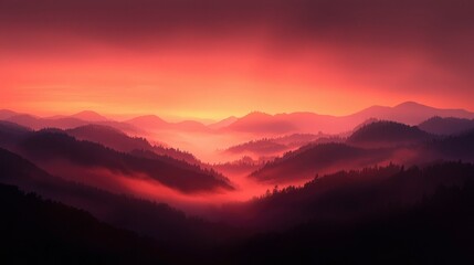 Obraz premium Misty mountain range landscape glowing at sunrise, with layered hills and haze