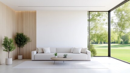 A minimalist living room features a light beige sofa with pillows, centered. Two potted plants flank a wooden wall a large window shows a green golf course. The room is bright, with a high-quality, s