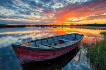 Obraz premium Sunset over calm waters with a weathered boat at the shore in a tranquil landscape
