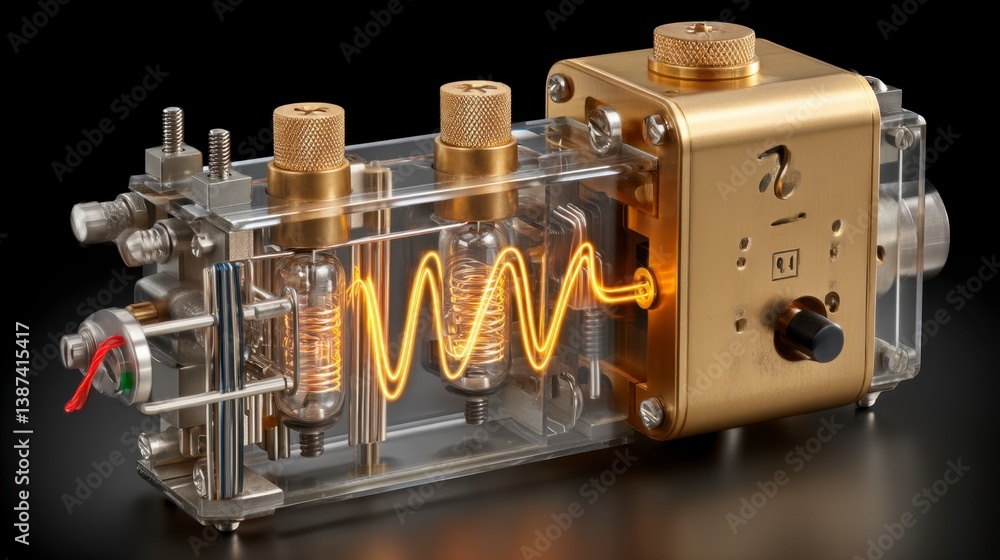 Poster close up view of a complex electronic device with glowing components, showcasing intricate wiring an